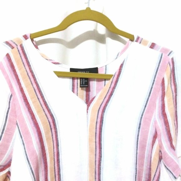 Forever 21 Women Woven Mini Dress Short Striped V-Neck Top Tunic Blouse 3X White - Picture 2 of 5